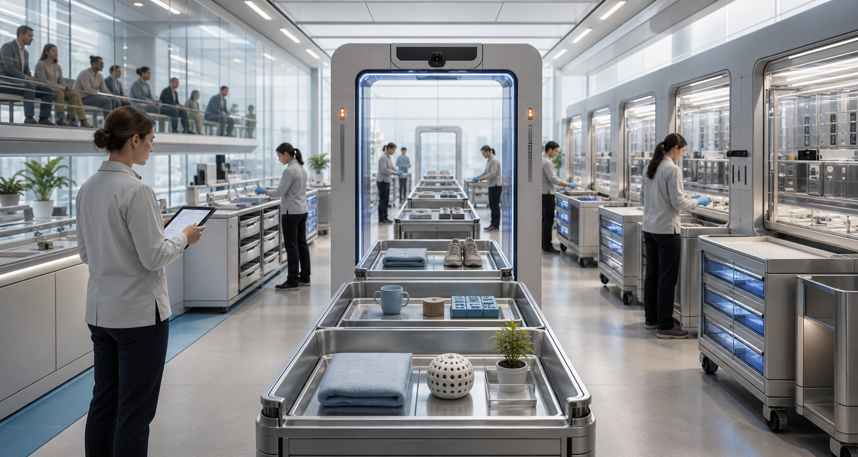 A bright fabrication governance room with neutral output samples, recall carts, inspection gates, provenance drawers, and observers.