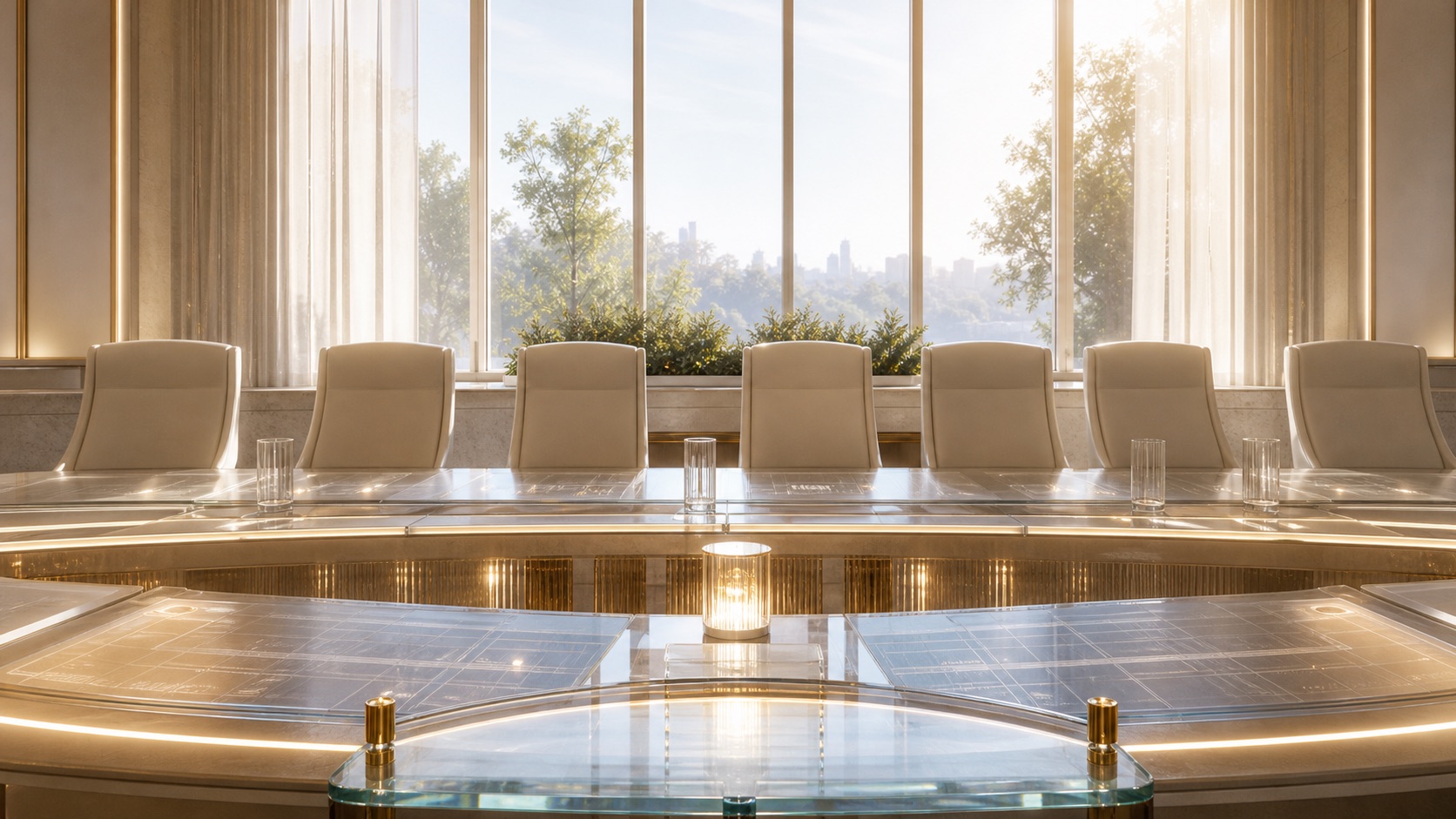 A bright civic review room with empty board seats, transparent ledgers, and soft renewal lighting.