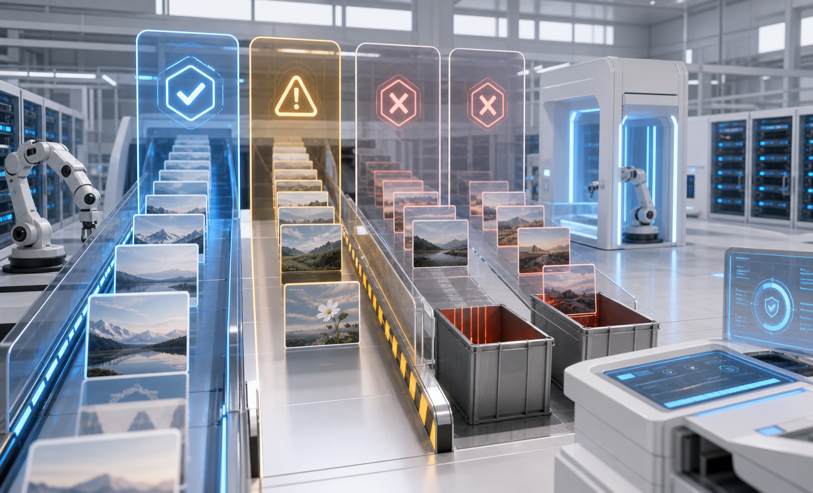A bright dataset registry with licensed source cards, revocation lanes, quarantine trays, and a model-tuning gate.