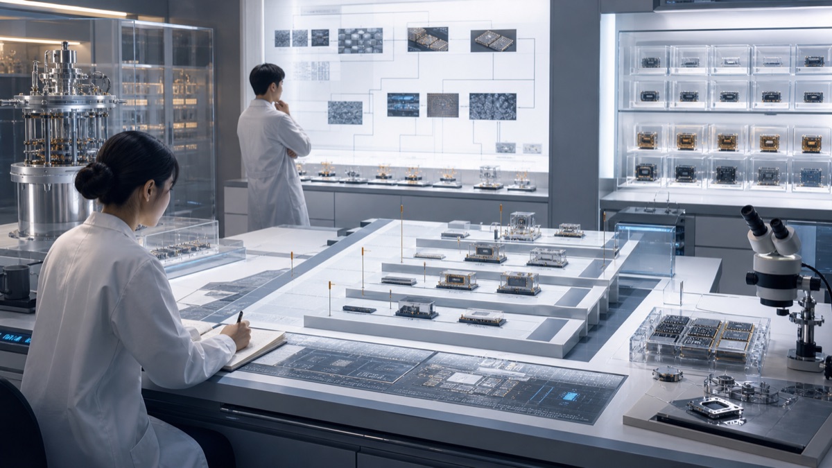 A semiconductor research planning room with benchmark ladders, cryogenic fixtures, and failure archive.