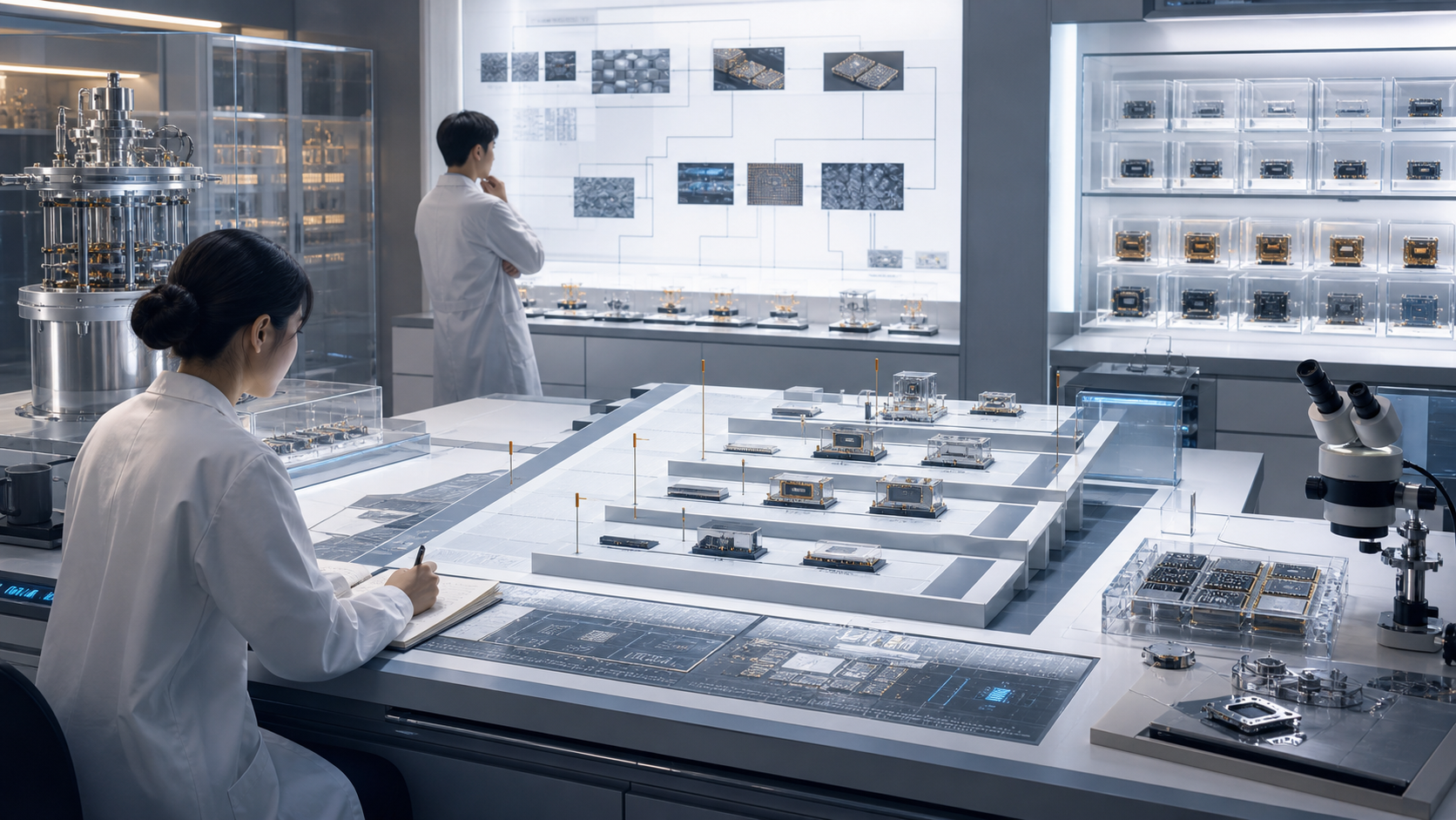 A semiconductor research planning room with benchmark ladders, cryogenic fixtures, and failure archive.