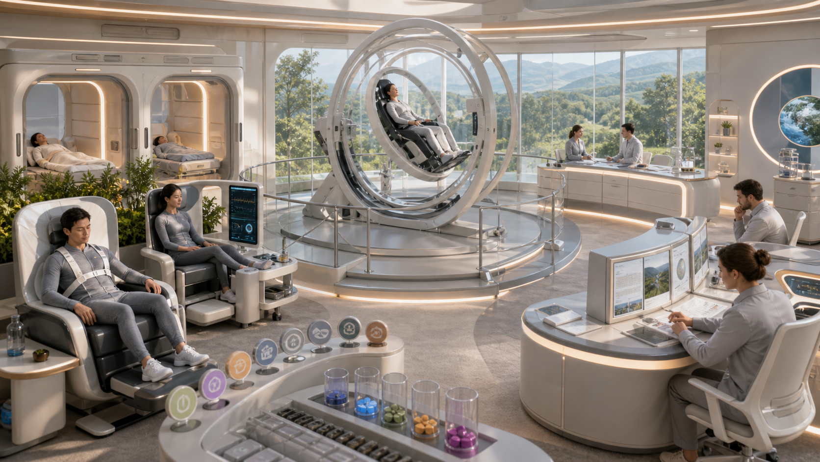 A daylit habitat operations room with spin-gravity models, comfort stations, resident tokens, and rest modules.