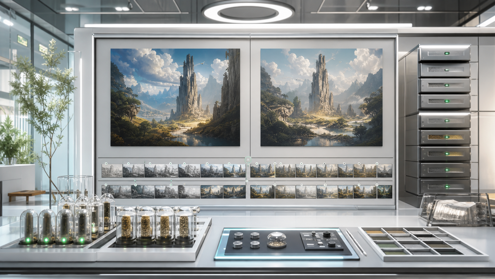 AI-generated member AI workspace with paired canvases, seed capsules, redraw comparison rails, and source-status drawers.