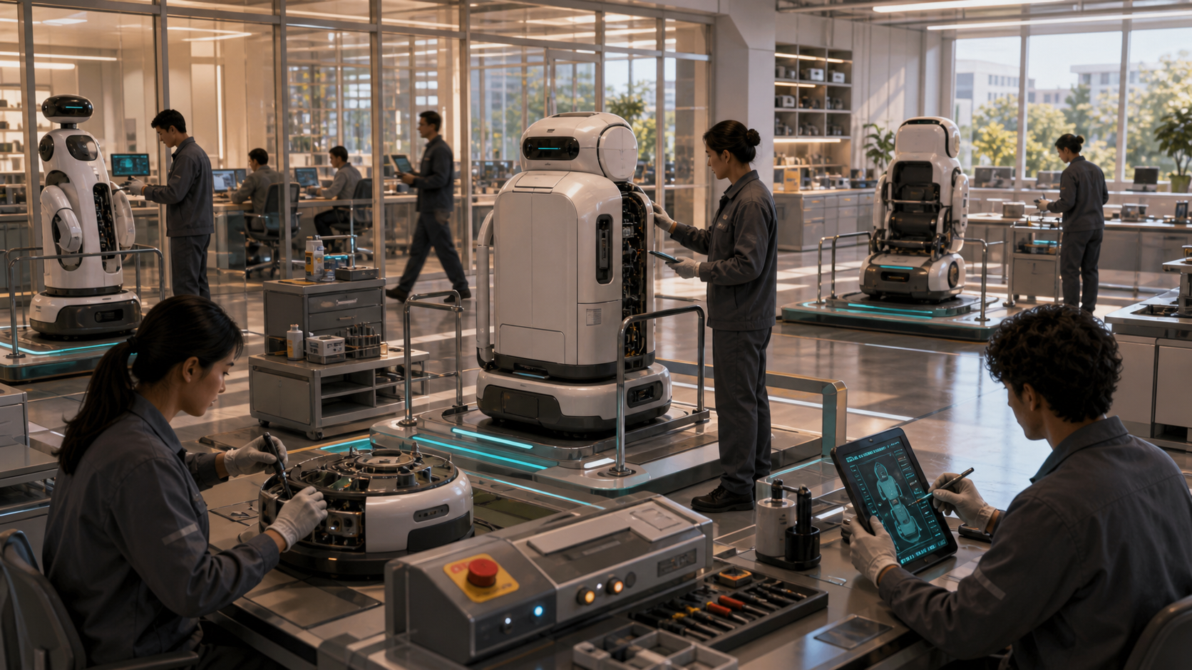 Service Robots and the Duty of Pause editorial art showing a pause duty for service robots, android care, and embodied AI concepts