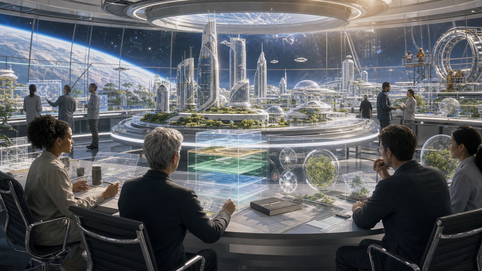 Settlement Permits Before Habitat Skylines editorial art showing a settlement-permit boundary for orbital habitat and OSTSS skyline concepts