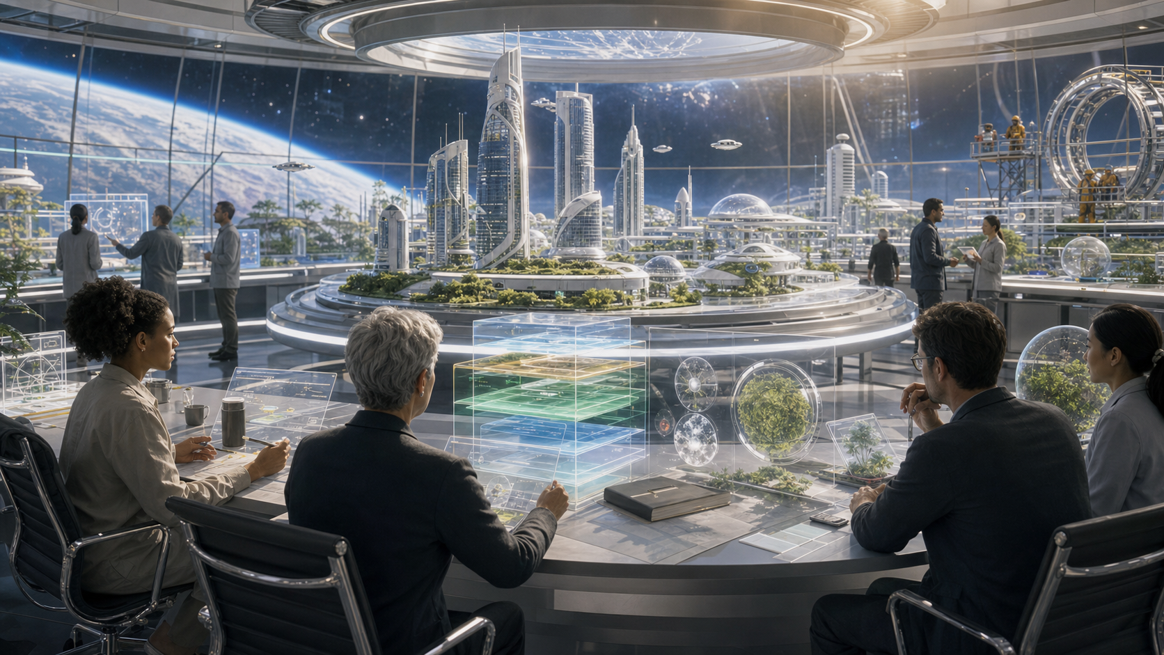 Settlement Permits Before Habitat Skylines editorial art showing a settlement-permit boundary for orbital habitat and OSTSS skyline concepts