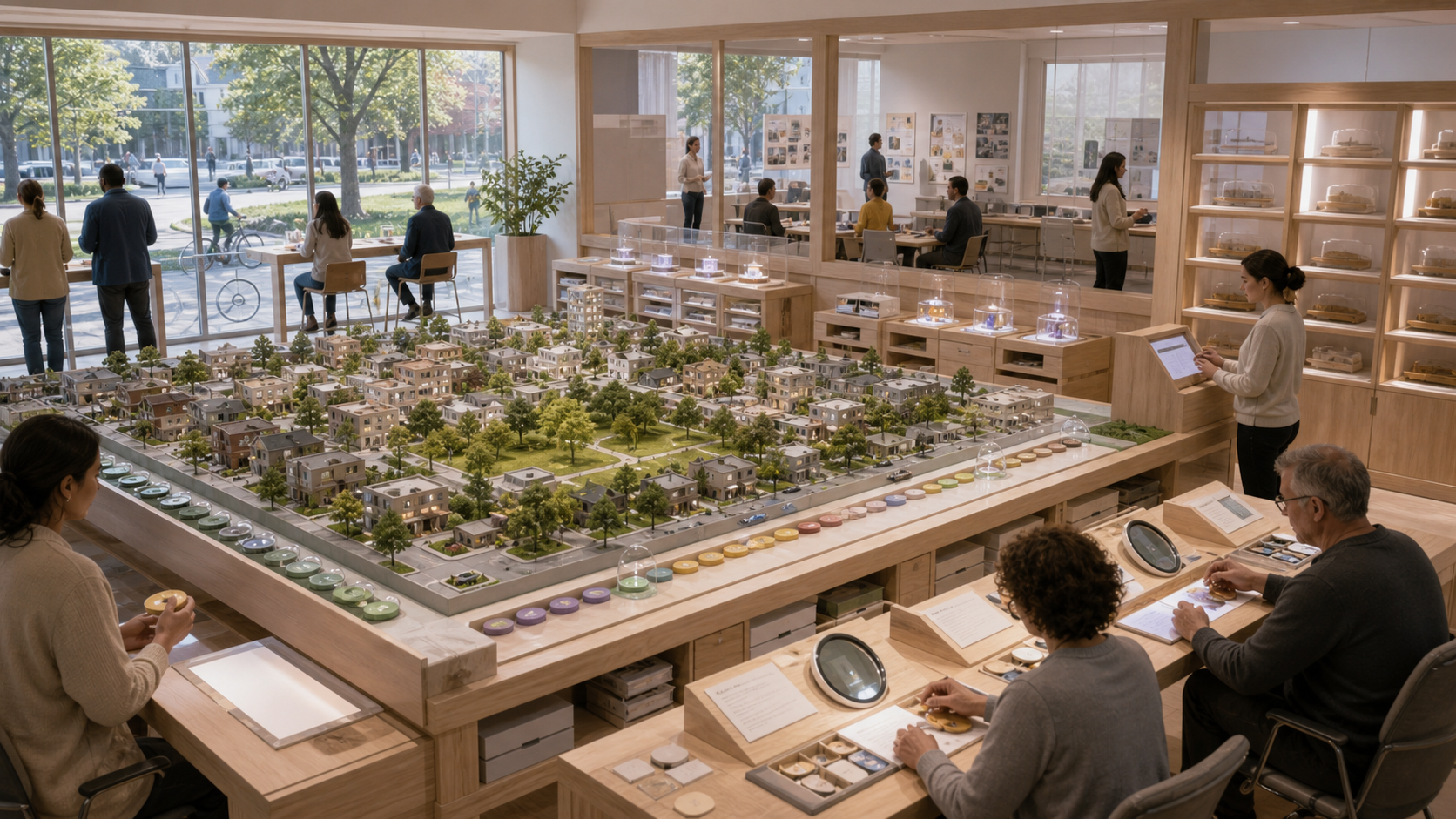 A civic simulation room with a model neighborhood table, consent tokens, appeal stations, and rollback shelves.