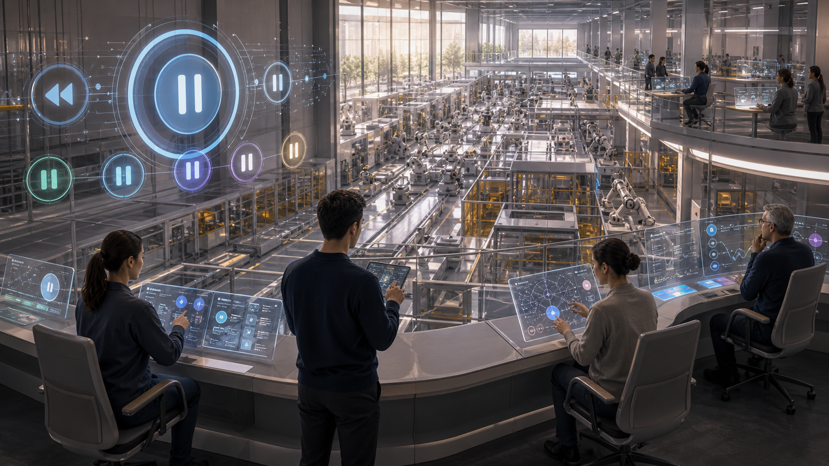 Slow Buttons for Autonomous Factories editorial art showing a slowdown authority for autonomous factory and macro-construction systems