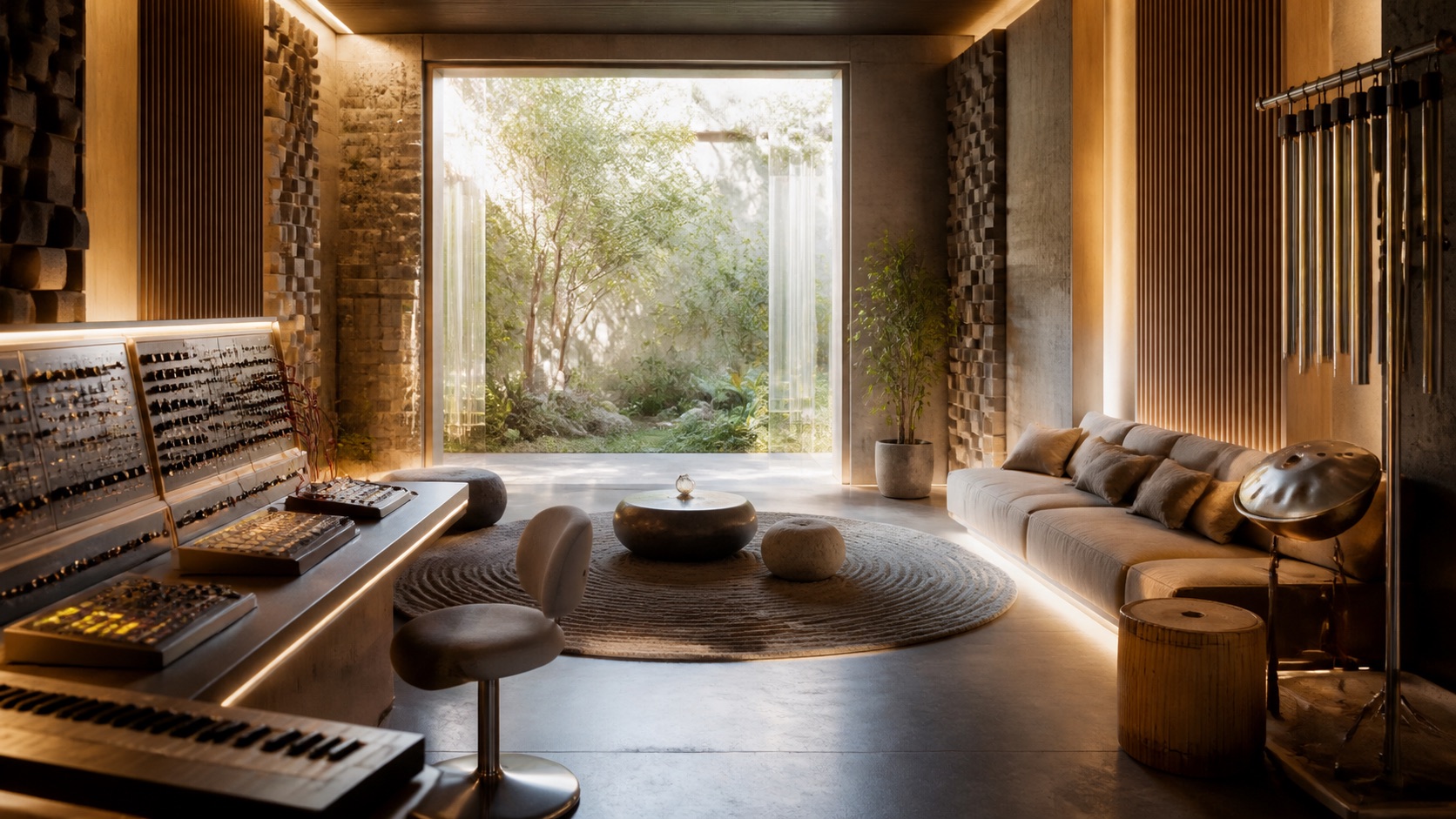 A bright acoustic booth with generative sound instruments, open exit lighting, and calm listening surfaces.