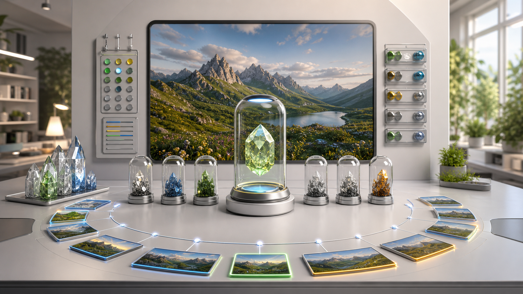Transparent source capsules feed a clean generated canvas inside a bright image review studio.