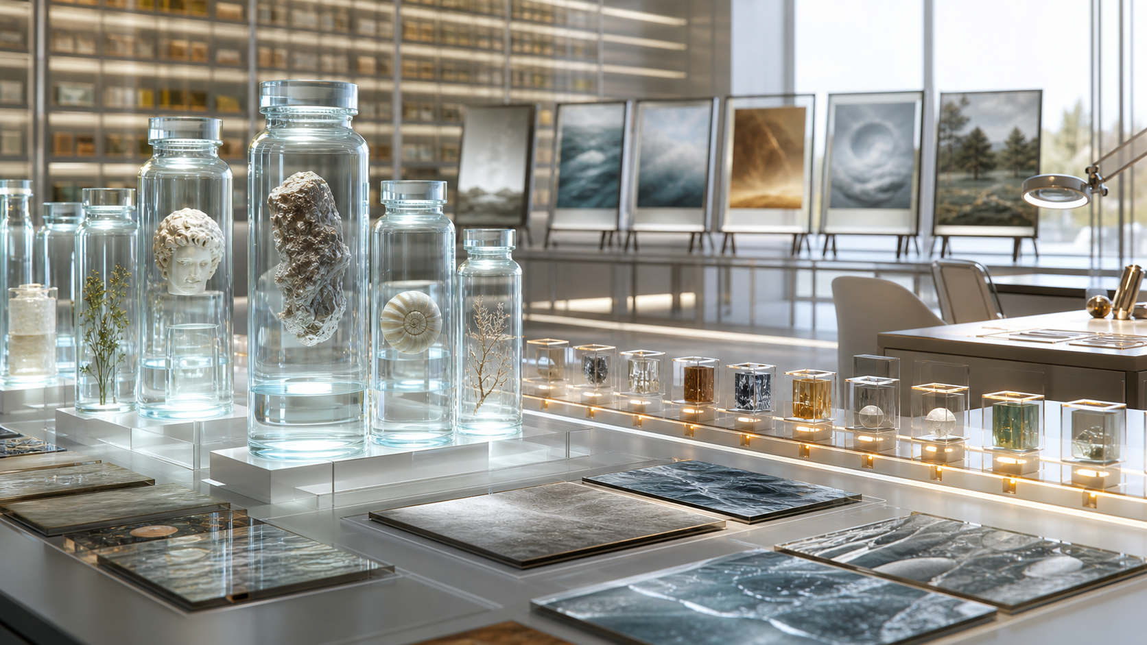 AI-generated generative media archive with translucent source capsules, image canvases, provenance rails, and license-status objects.