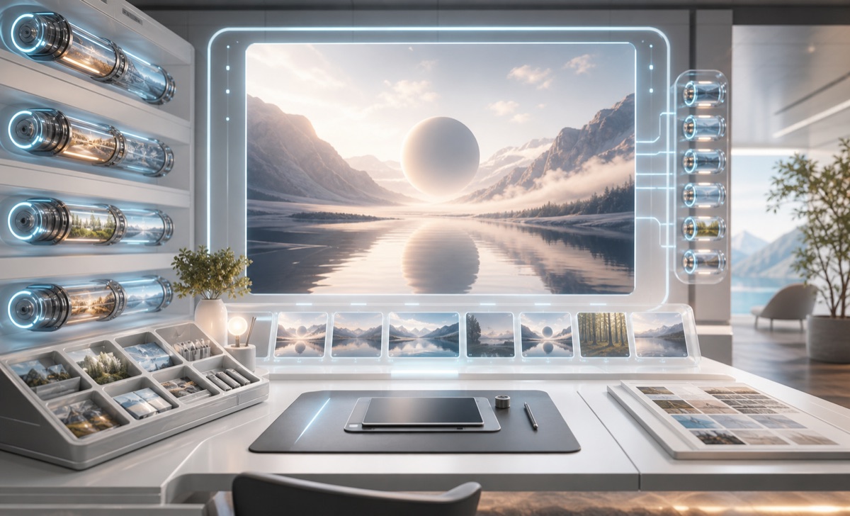 A bright Member Image Studio with source-permission capsules, licensed input trays, a canvas, and reviewer desks.