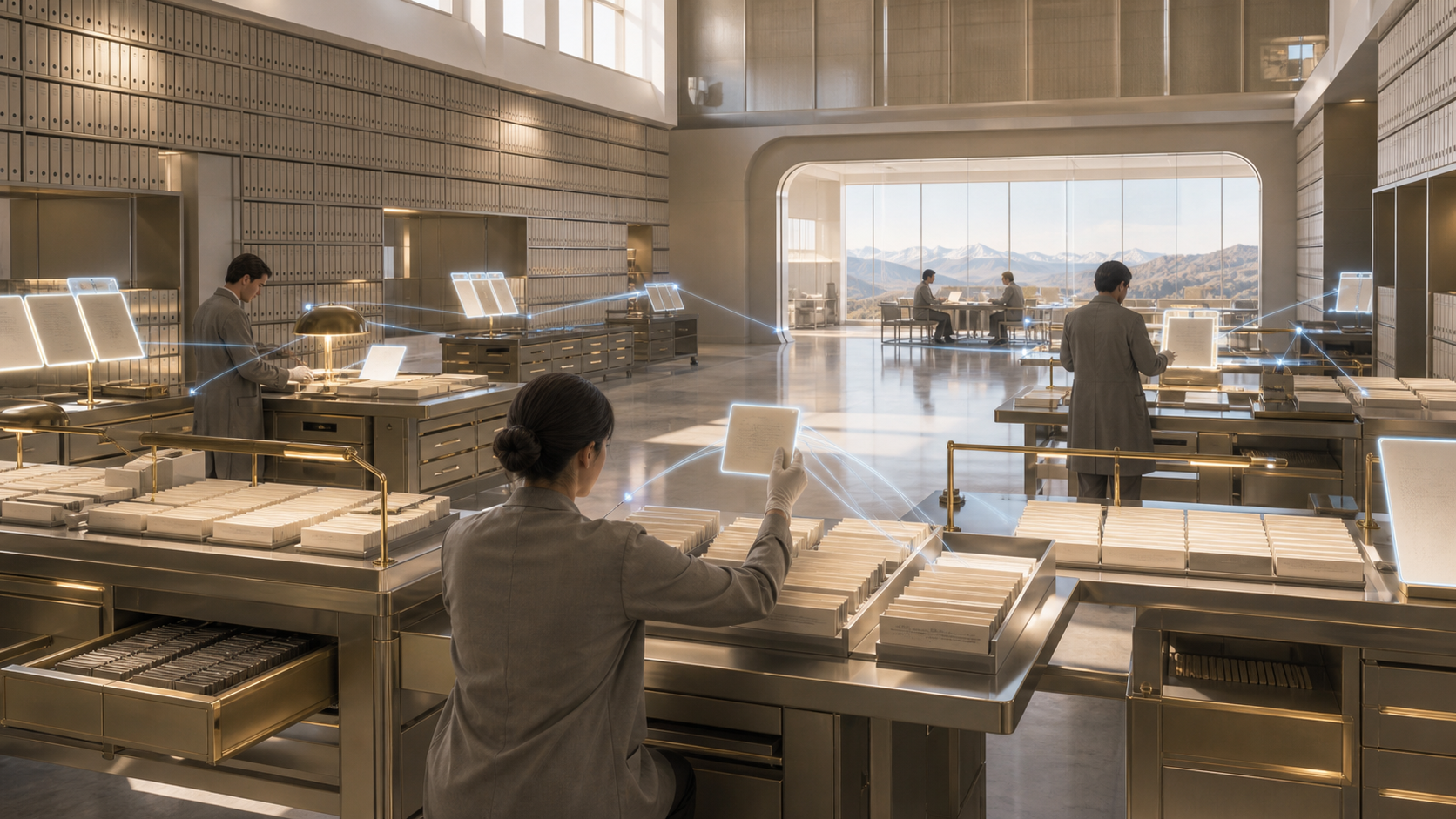 A luminous archive with retrieval tables, blank source cards, permission drawers, and closed shelves.