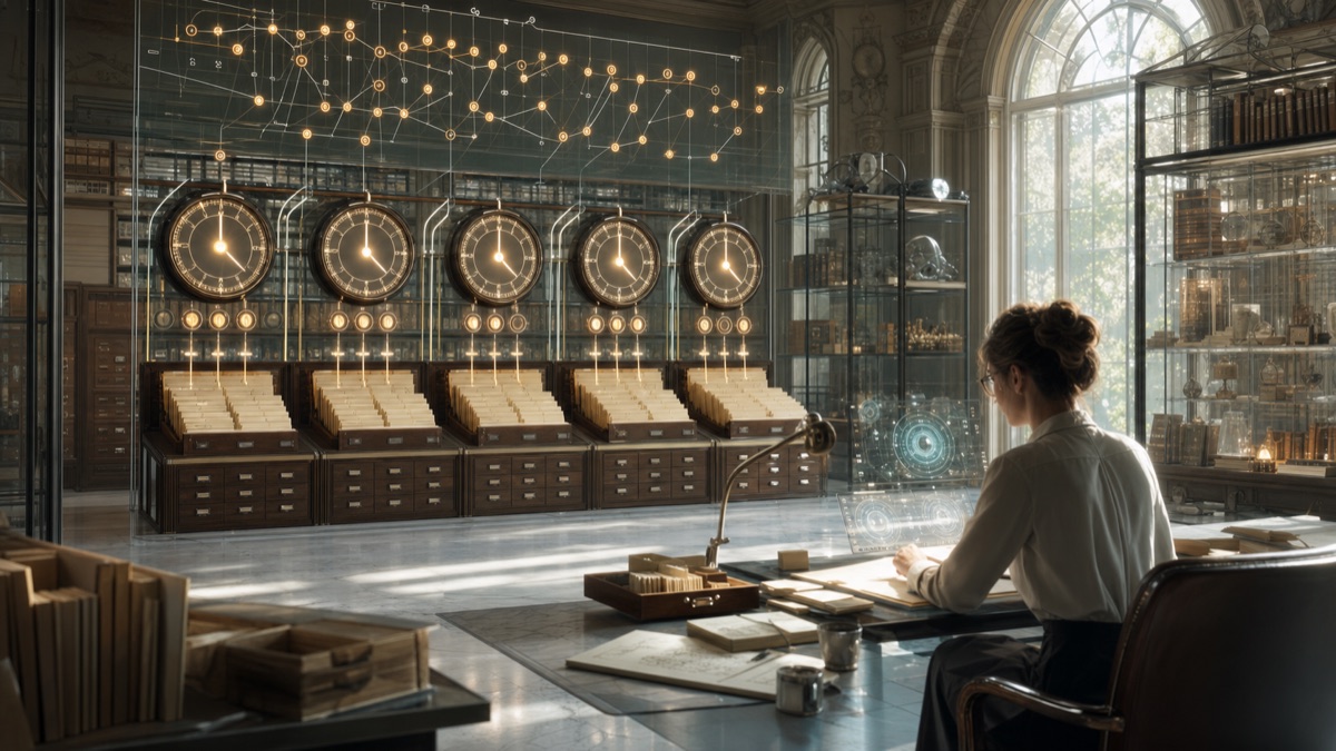 Source Decay Clocks for Total Library Answers editorial art for WN Magazine