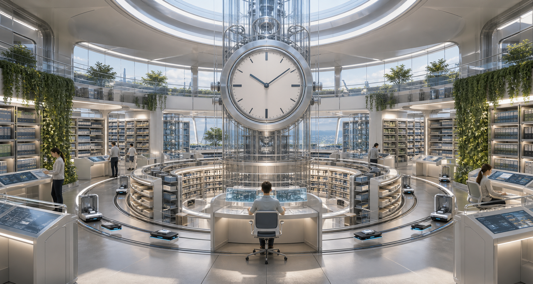 A bright total-search library with dated source shelves, retrieval clocks, reviewer consoles, and correction stations.