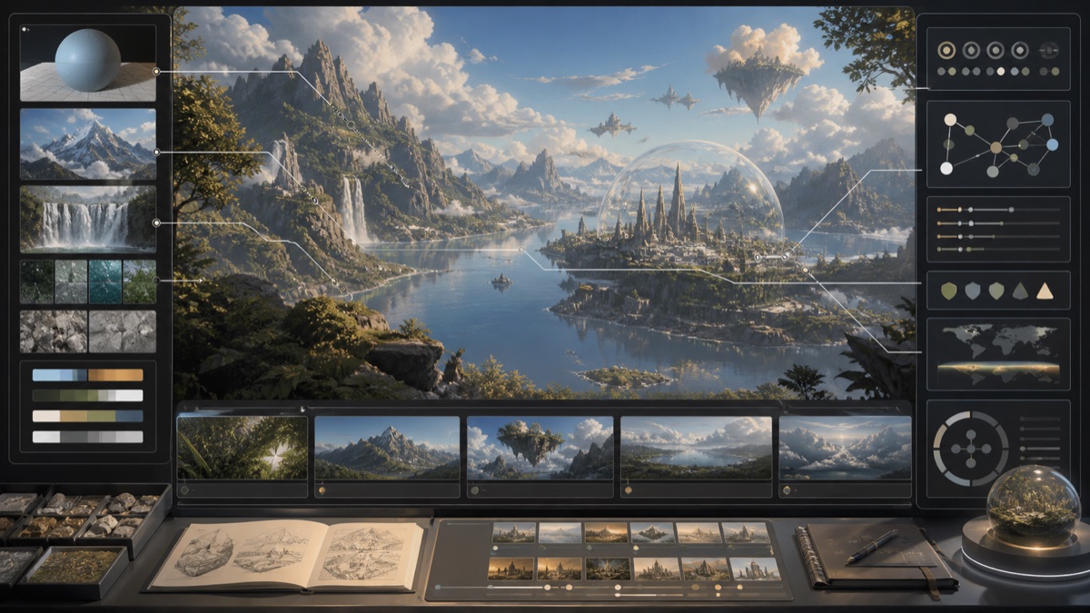 Source-Grounded Captions for Generated Worlds editorial art for WN Magazine