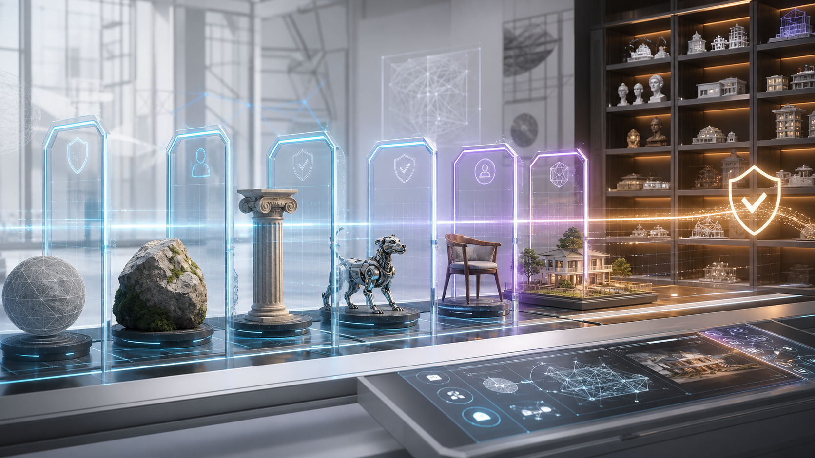 A virtual asset studio with model-world objects passing through source-permission gates.