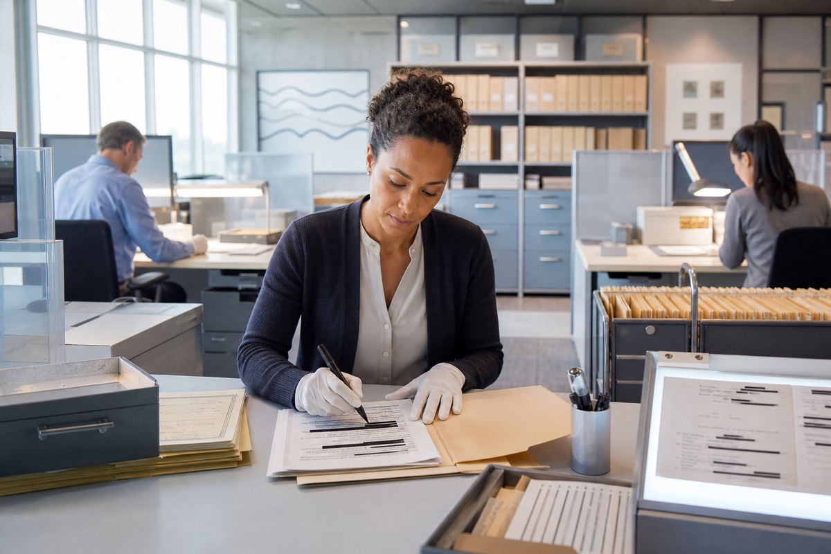 A bright data-handling review room with redaction stations, source folders, privacy screens, and audit drawers.