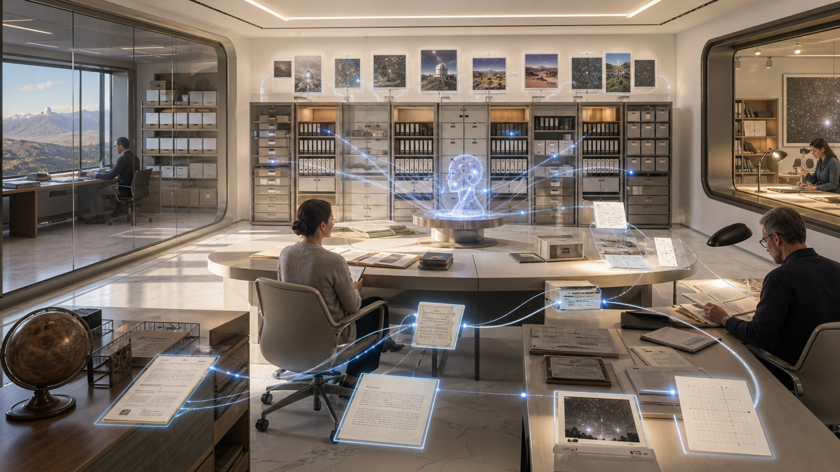 A bright member AI source-record room with receipt drawers, review windows, and assistant work surfaces.