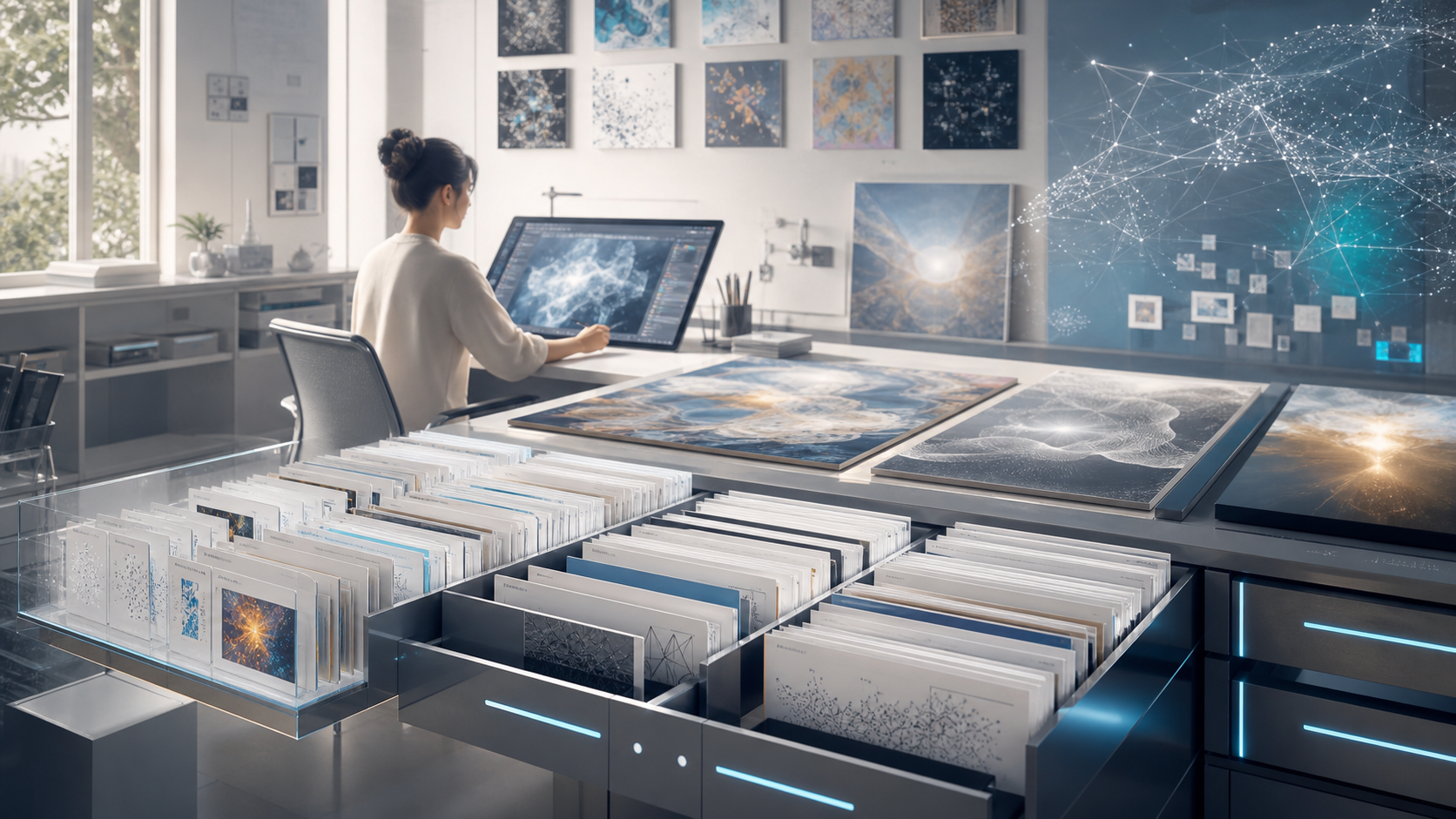A modern AI image studio with provenance drawers, generated canvases, and source-record cards.