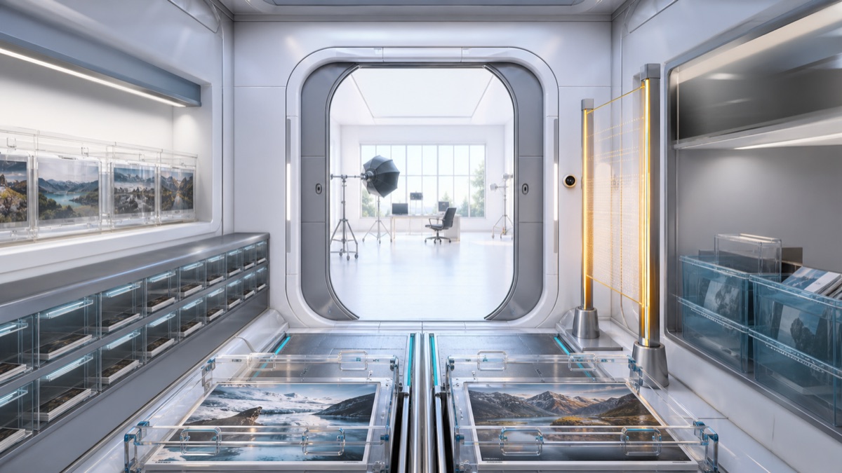 AI-generated upload intake airlock with transparent reference-image carriers, rights-check gates, provenance drawers, and exclusion bins.