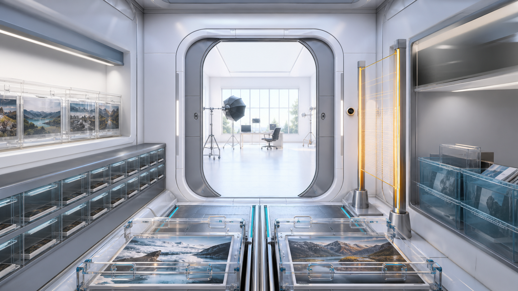 AI-generated upload intake airlock with transparent reference-image carriers, rights-check gates, provenance drawers, and exclusion bins.