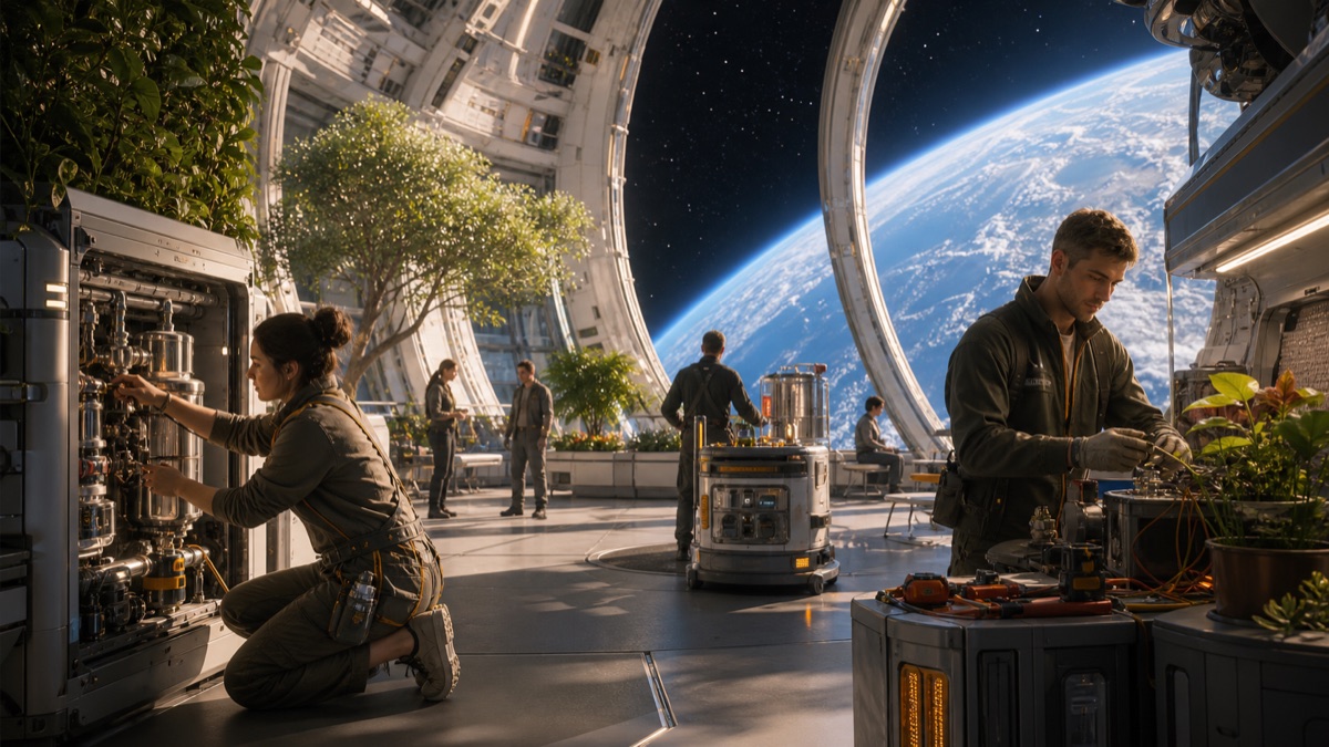 Space Settlement as Maintenance Culture editorial art for WN Magazine