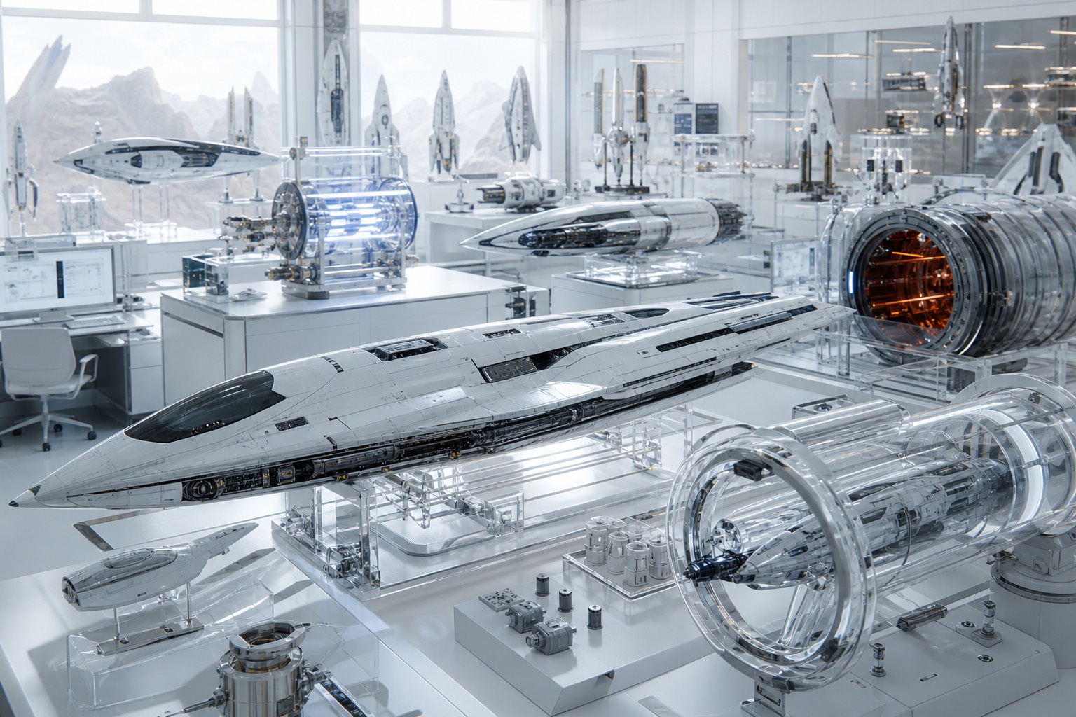 A bright aerospace methods lab with spaceship class models and transparent measurement fixtures.