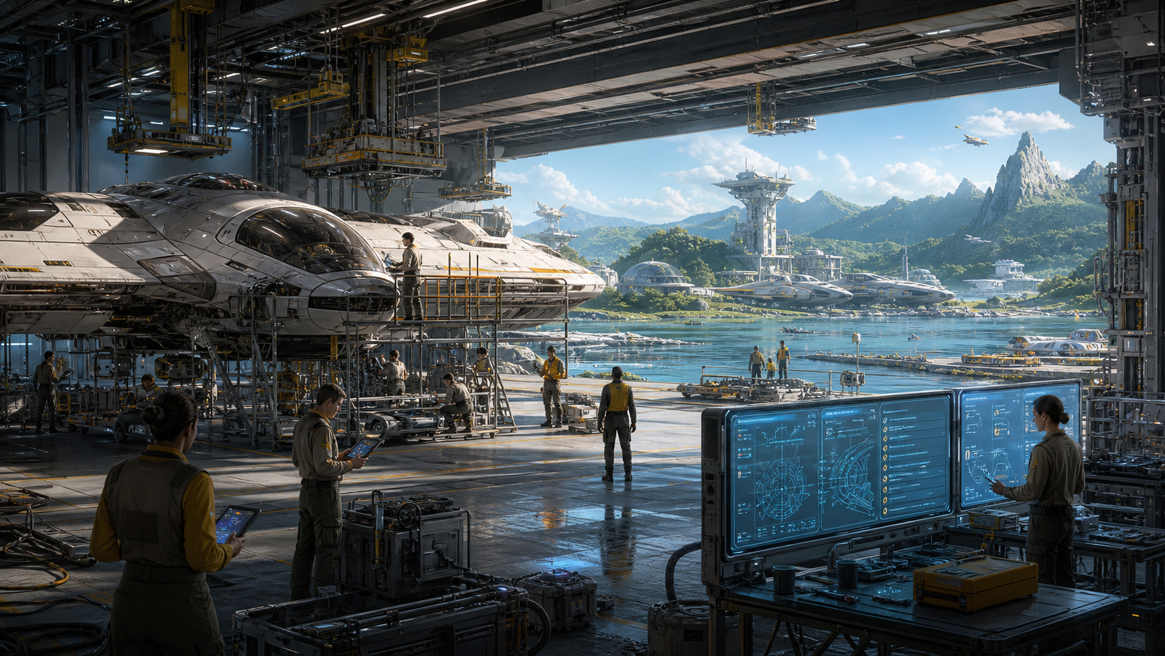 Spaceship Maintenance Harbors Before Fleet Maps editorial art for WN Magazine