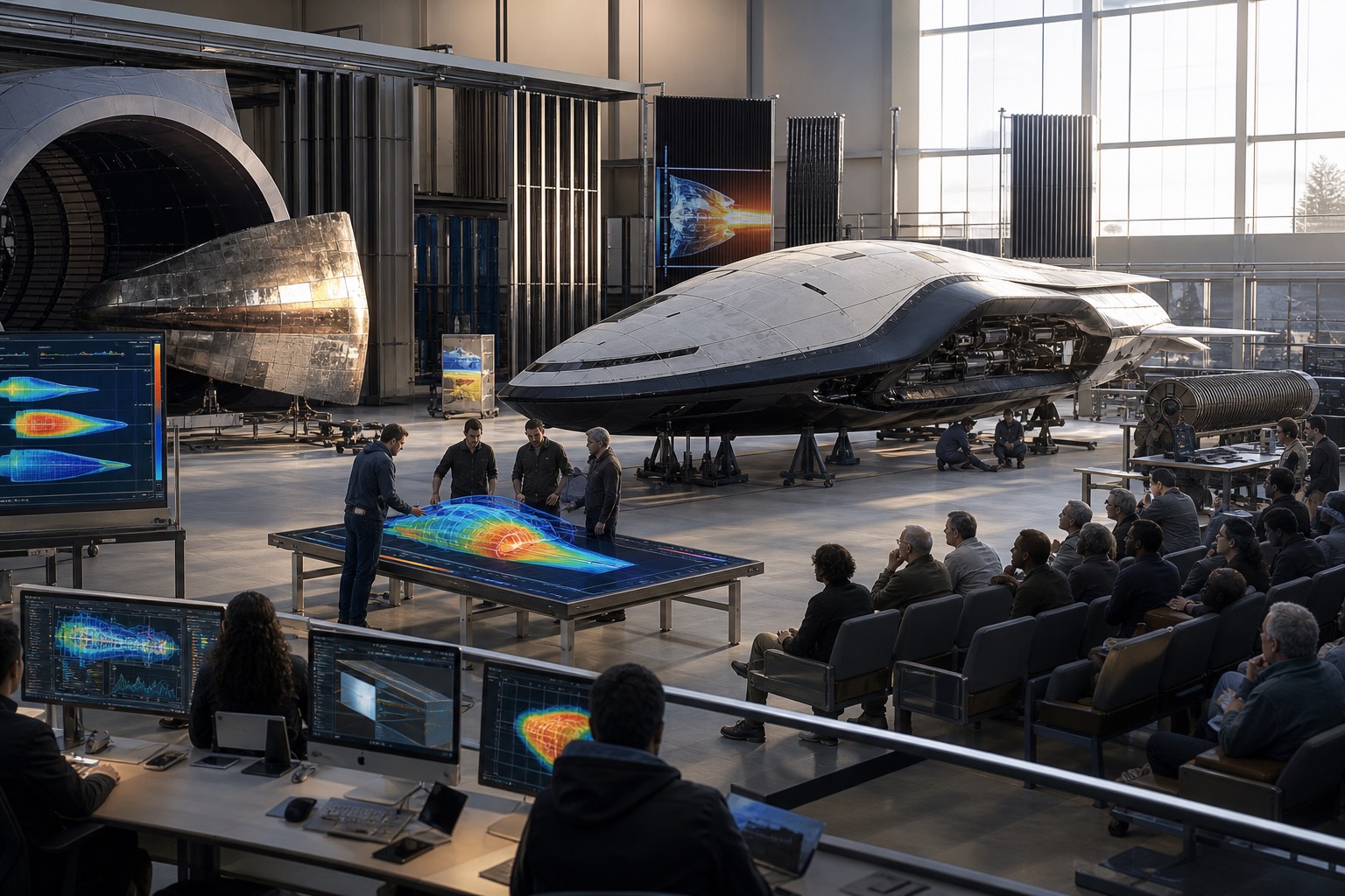 A bright aerospace thermal workshop with radiator fins, hull sections, and heat-flow models.