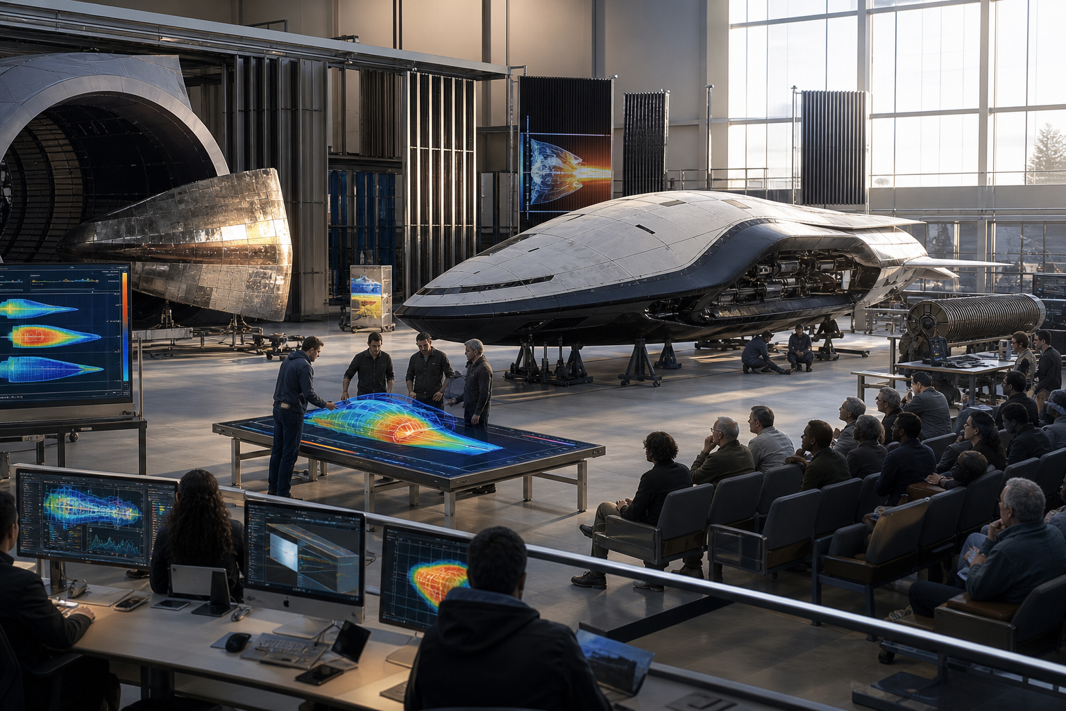 A bright aerospace thermal workshop with radiator fins, hull sections, and heat-flow models.
