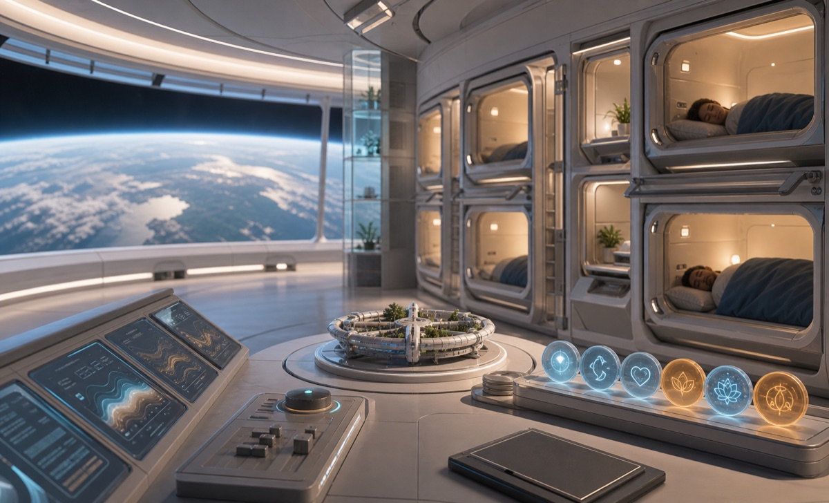 A rotating habitat comfort room with sleep modules, spin models, circadian light panels, and resident feedback tokens.