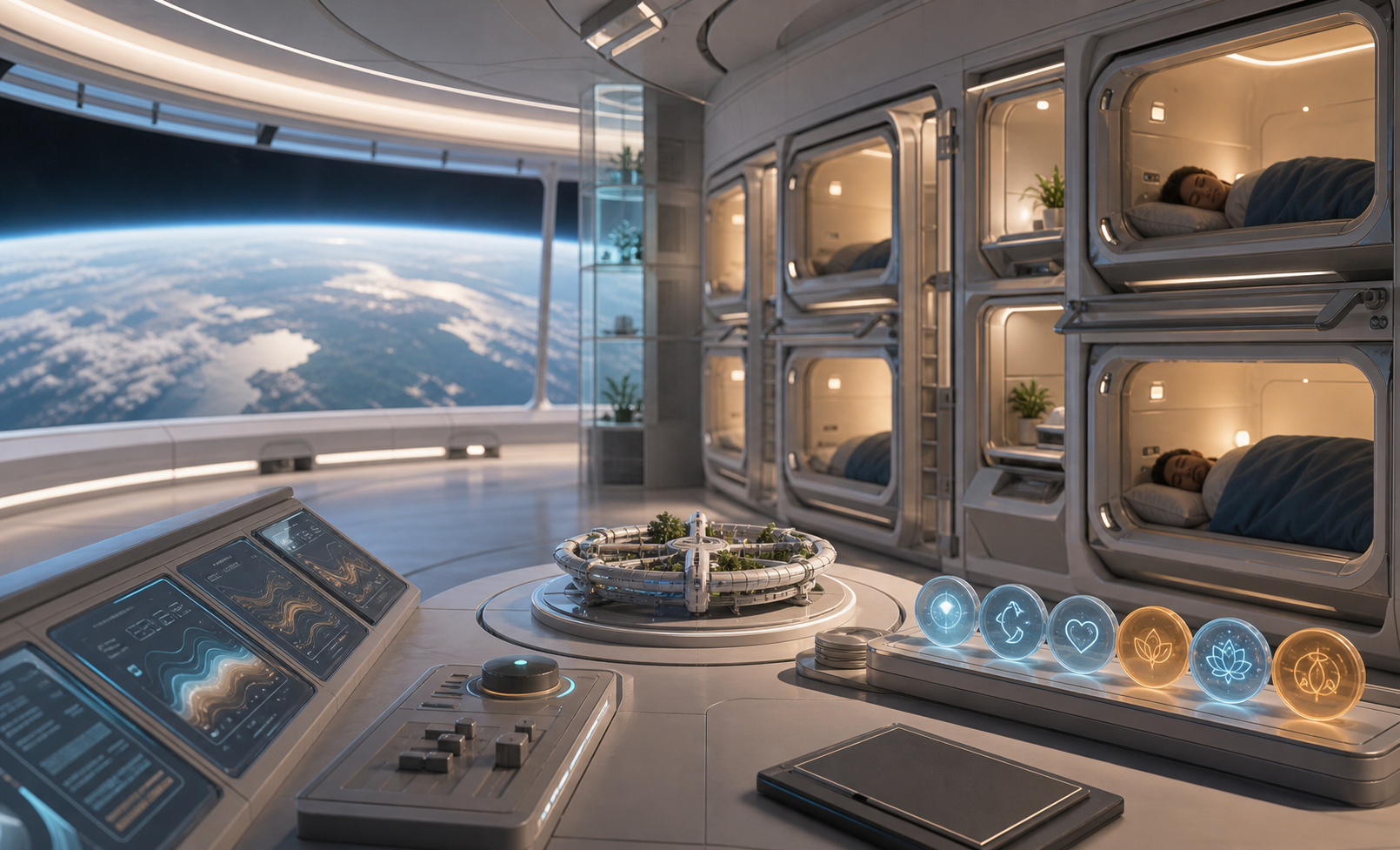 A rotating habitat comfort room with sleep modules, spin models, circadian light panels, and resident feedback tokens.