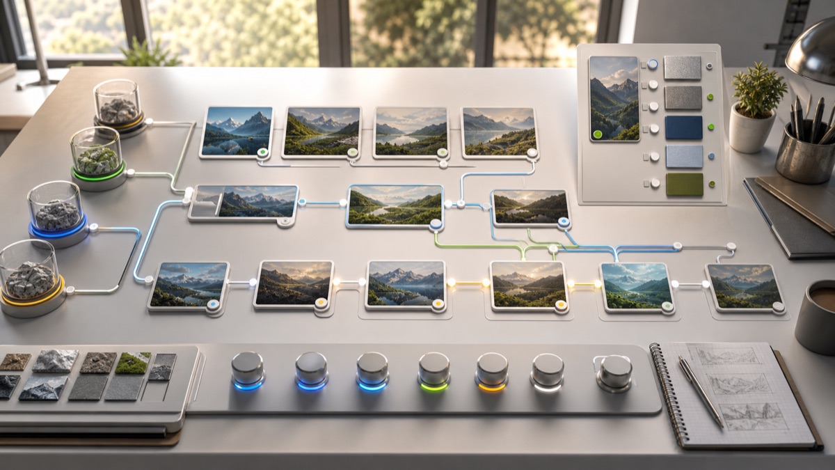 A seed capsule anchors a generated picture timeline in a bright creative lab.