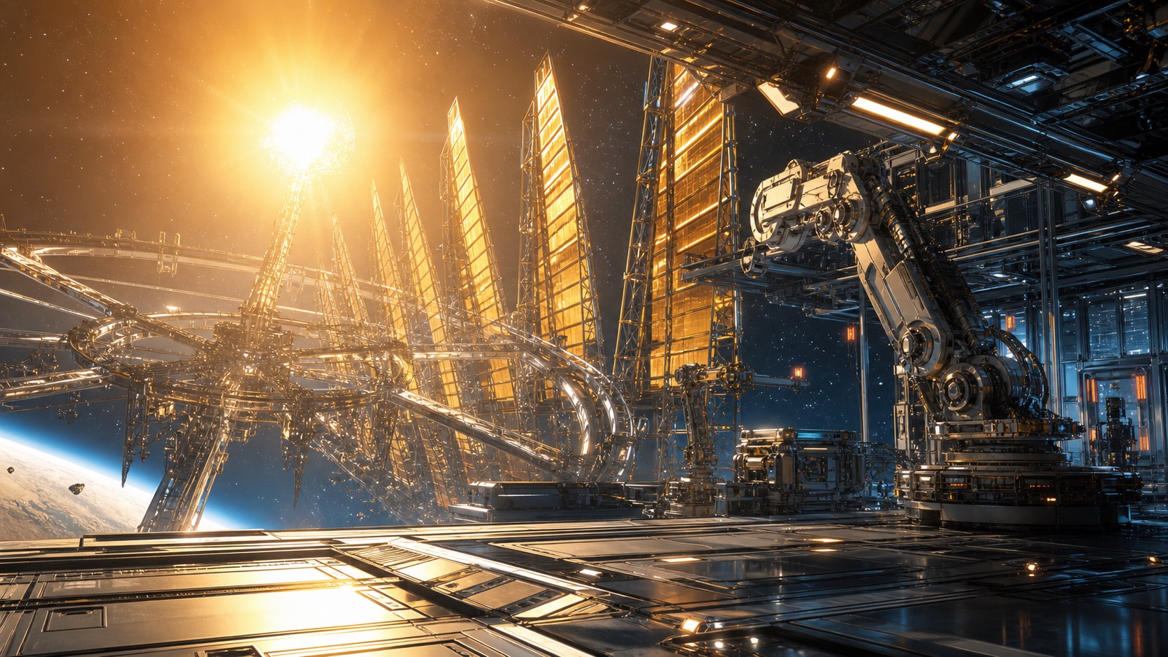 A bright orbital maintenance bay overlooking a stylized star-lifting array and radiator fins.