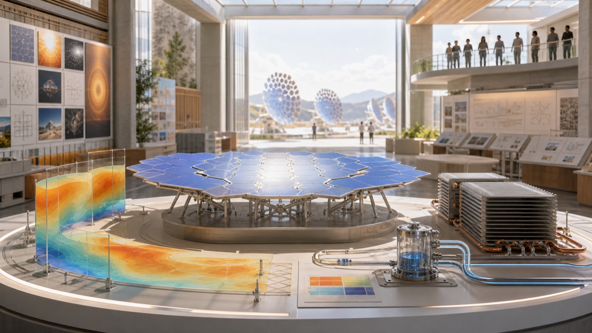 A bright energy observatory with solar array models, radiator fins, shade maps, cooling loops, and review balcony.