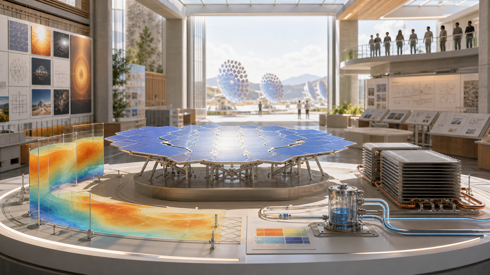 A bright energy observatory with solar array models, radiator fins, shade maps, cooling loops, and review balcony.