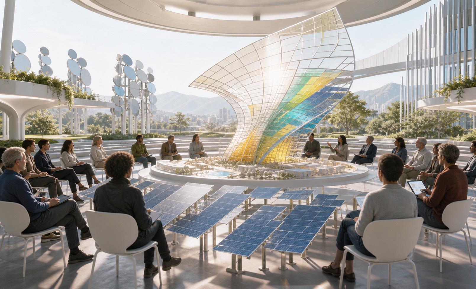 A bright energy observatory with solar array models, shade maps, radiator fins, and a civic hearing circle.