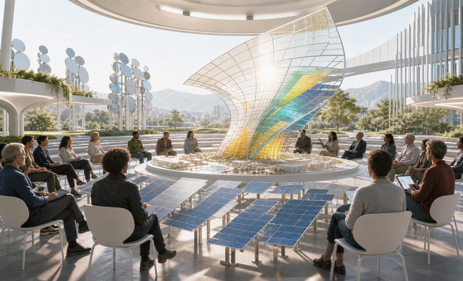 A bright energy observatory with solar array models, shade maps, radiator fins, and a civic hearing circle.