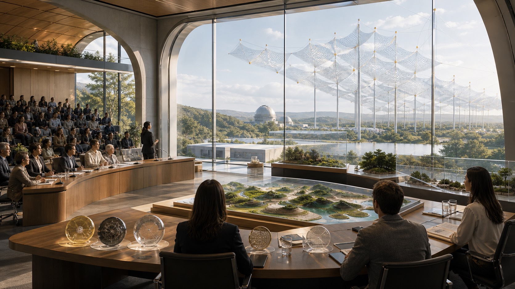 A civic observatory hearing room with a stellar shade model, ecological impact tables, public seating, and review desks.