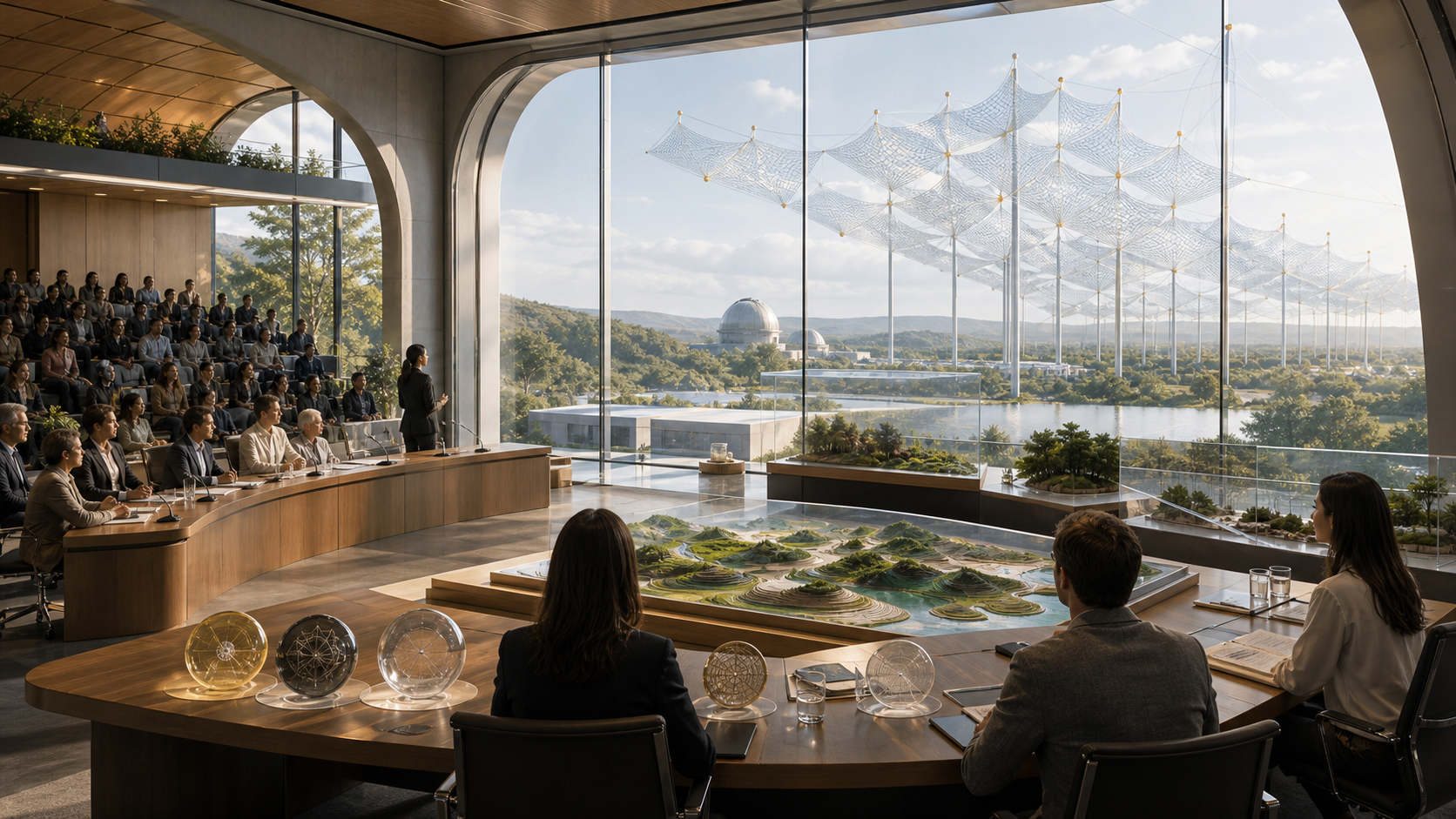 A civic observatory hearing room with a stellar shade model, ecological impact tables, public seating, and review desks.
