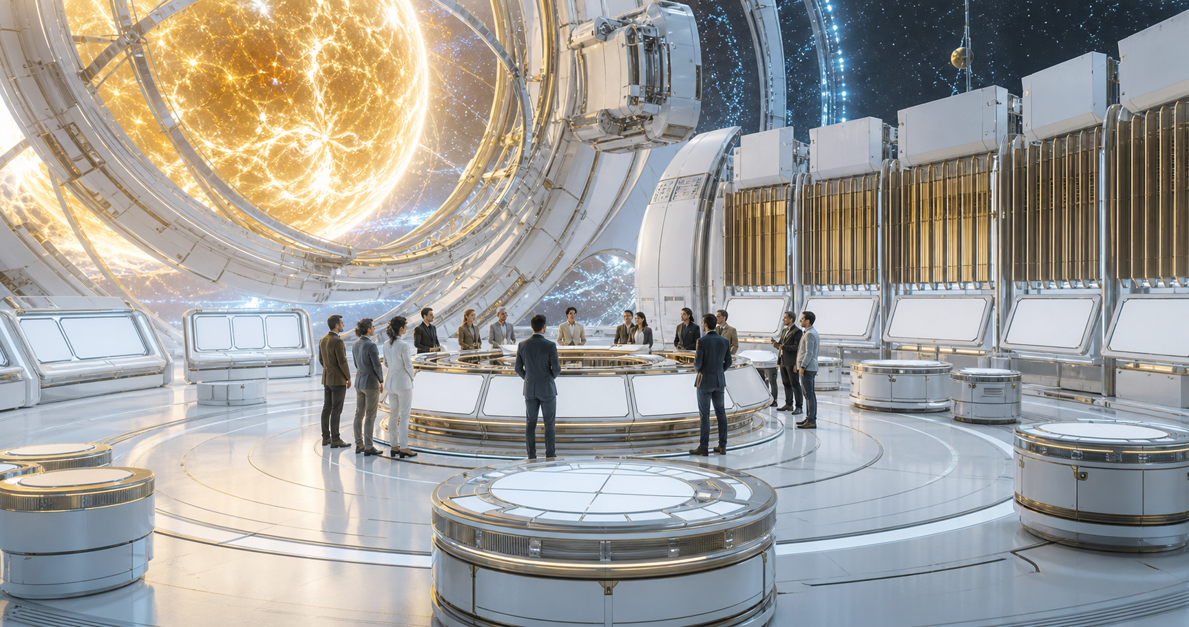 A bright stellar engineering observatory with public heat meters, radiator fins, energy ledgers, and civic review circle.