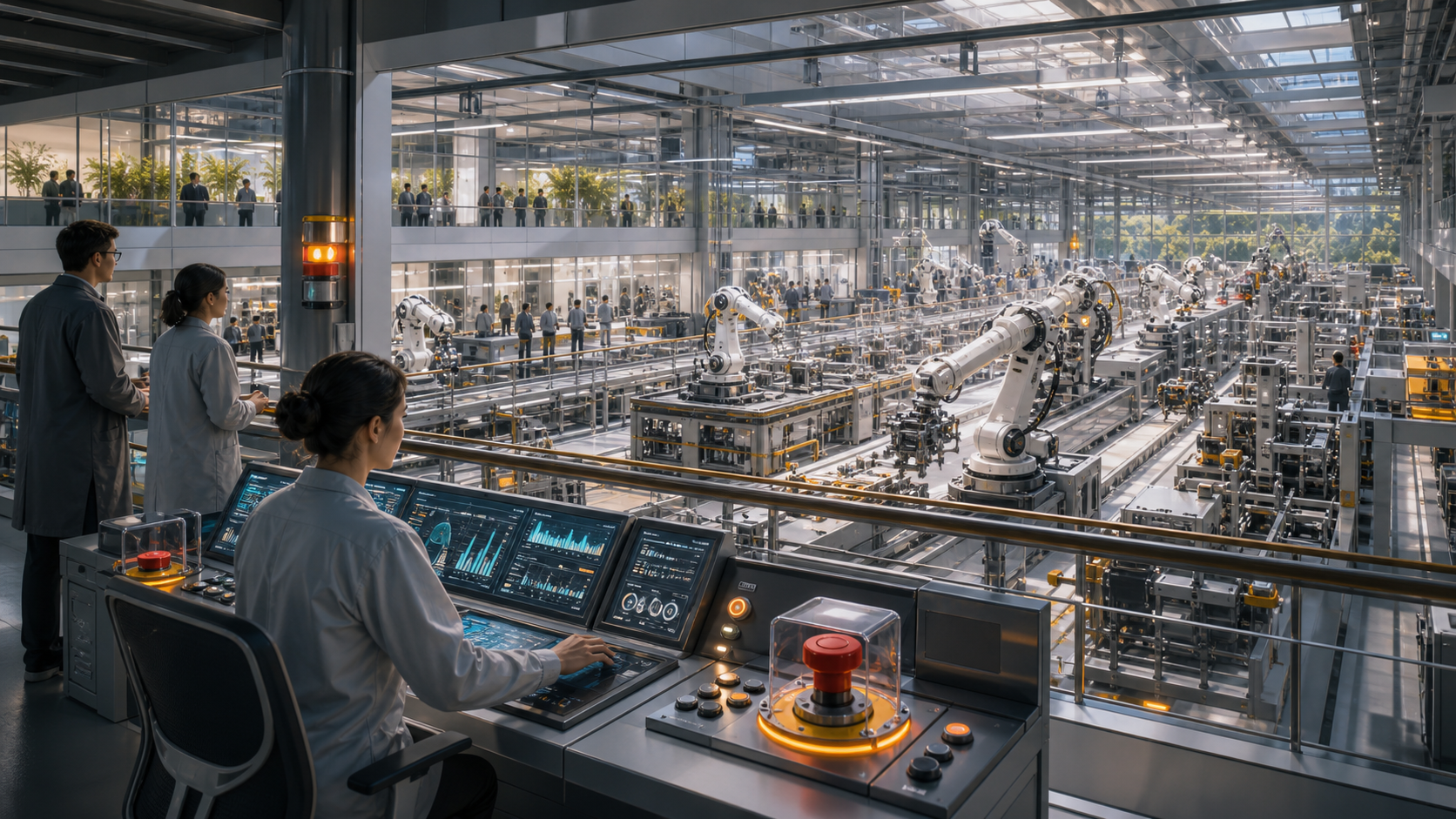 Superfactories With Stop Buttons editorial art showing a human and civic pause mechanism for speculative superfactory automation