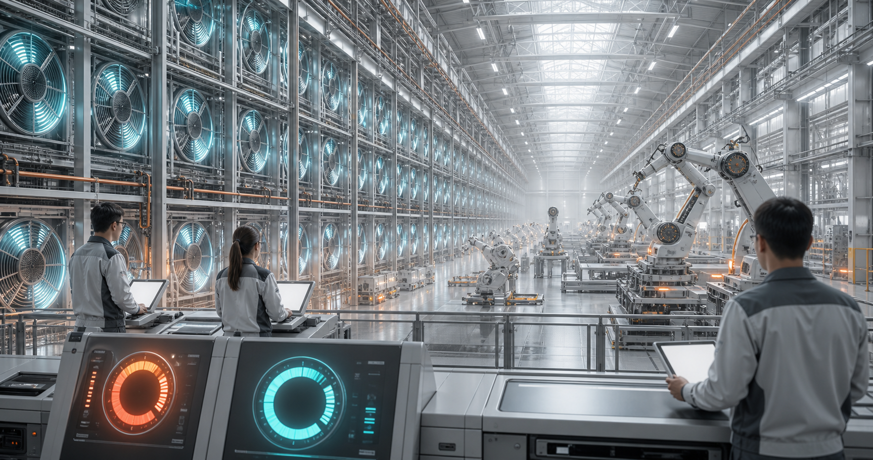 A bright superfactory cooling gallery with radiator walls, paused build arms, shift logs, and heat meters.