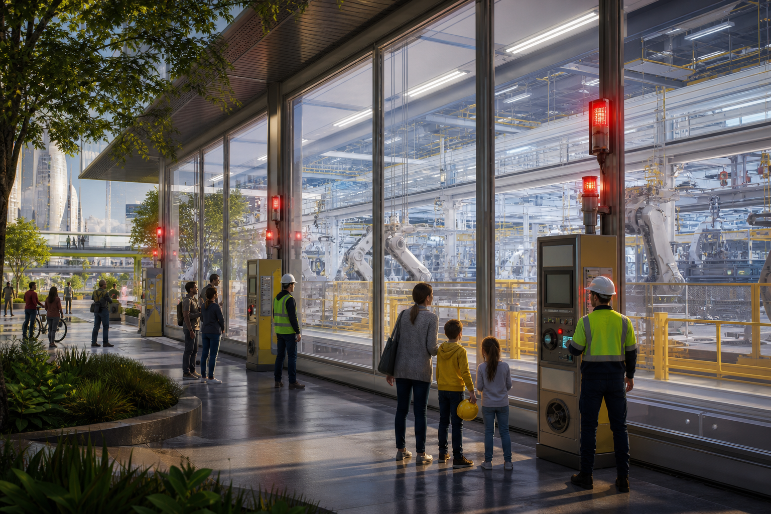 A bright superfactory public interface with shutdown drill stations and resident observers.