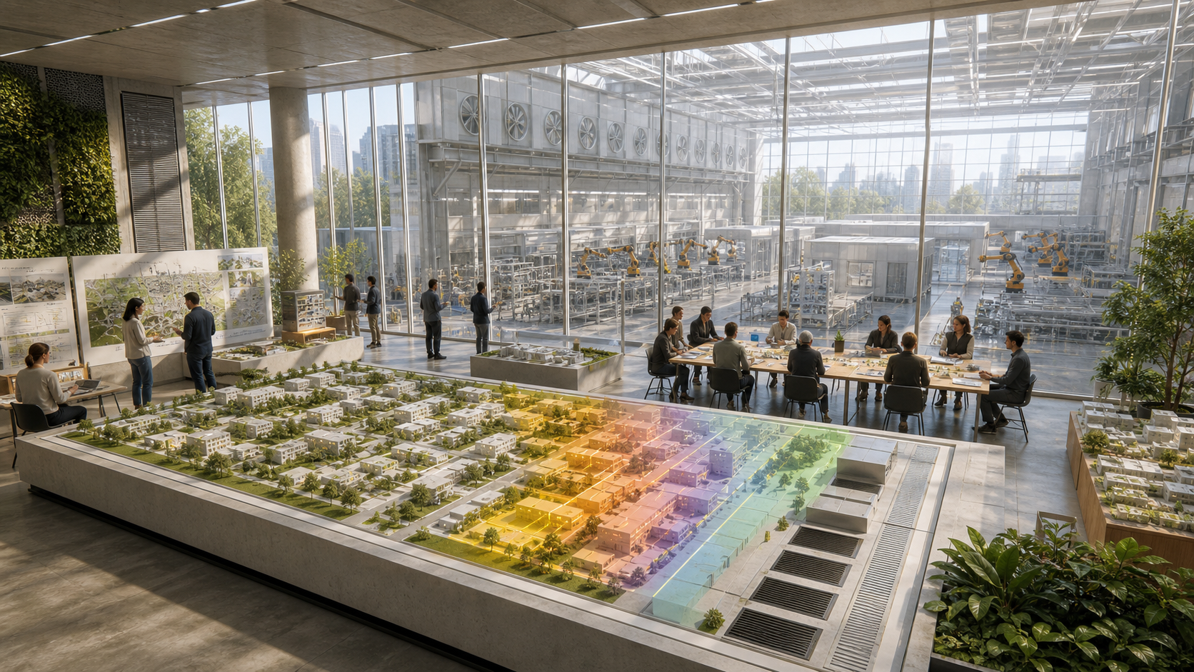 An urban planning room with a superfactory model, sunlight and shadow layers, cooling vents, resident review tables, and mitigation objects.