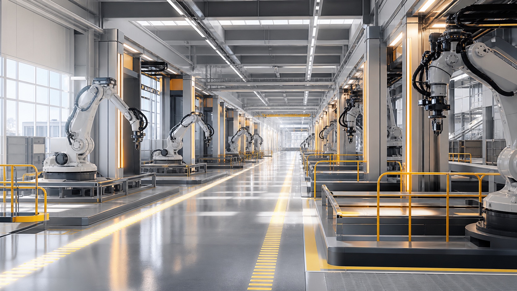 A bright superfactory corridor with idle robotic arms, clear pause bays, and human-scale walkways.