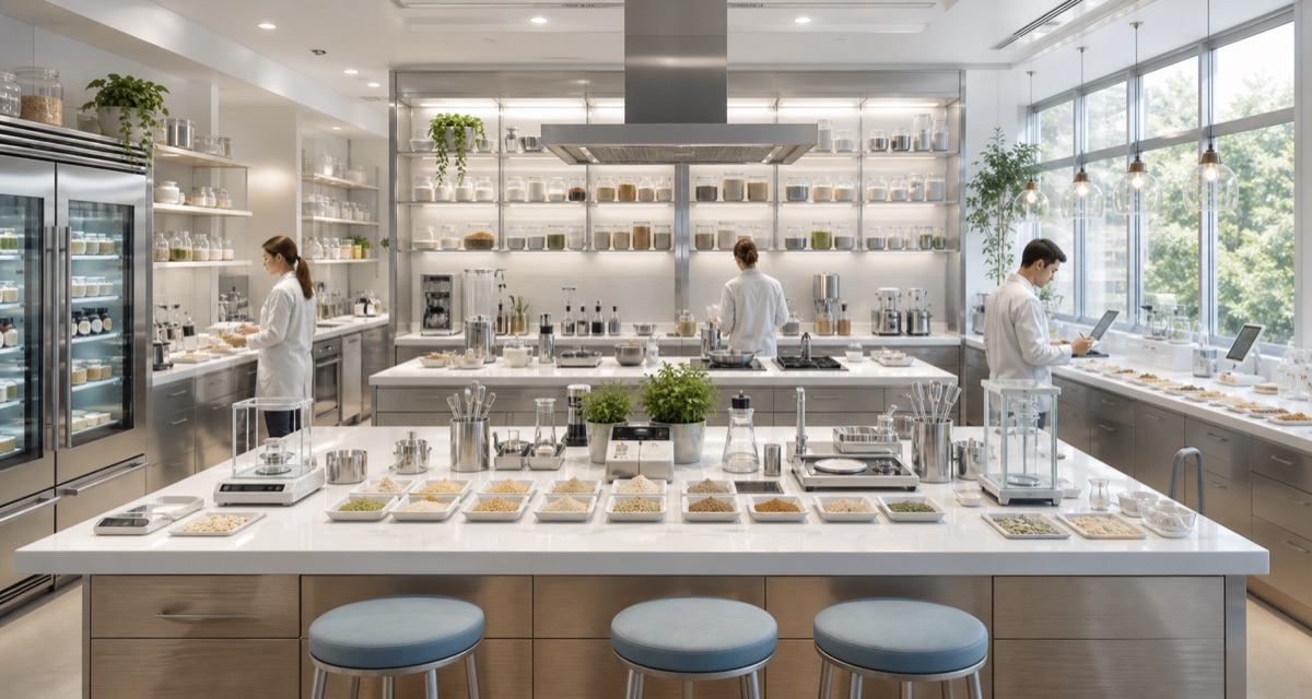 A bright lab-kitchen hybrid with calibrated recipe trays, material samples, instruments, and reviewer counters.