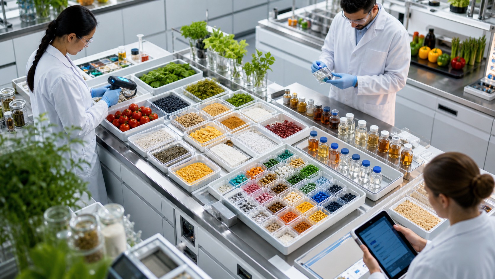 A bright kitchen-lab with modular ingredient trays, sealed sample cups, and review stations.