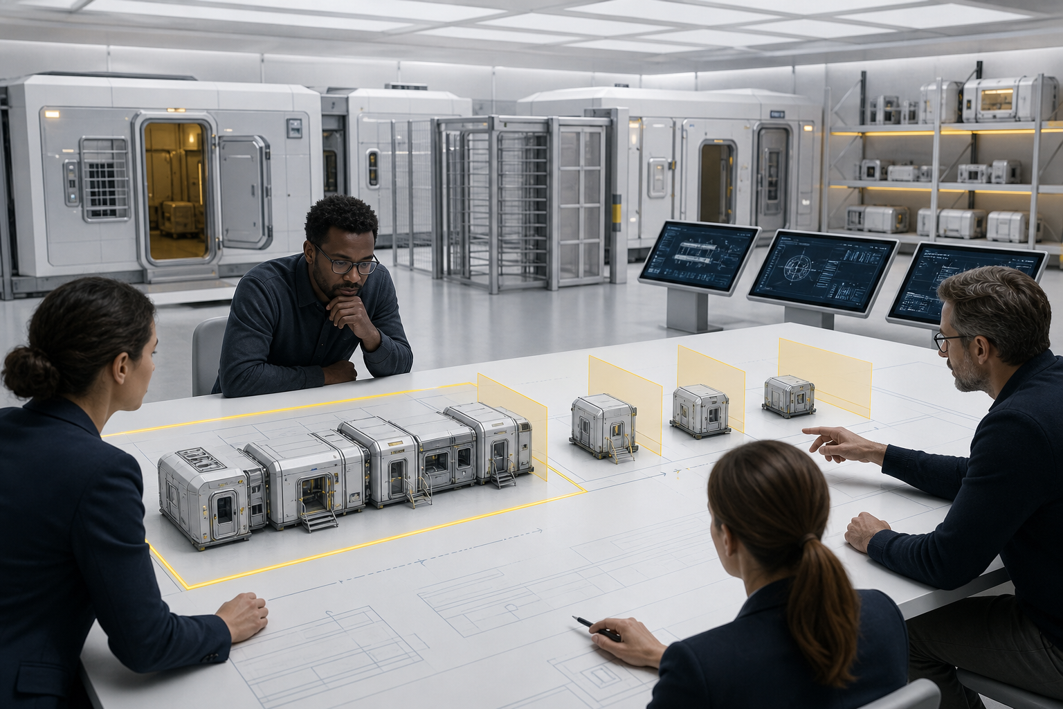 A bright capability review room with Supermax modules being narrowed into bounded work packages.
